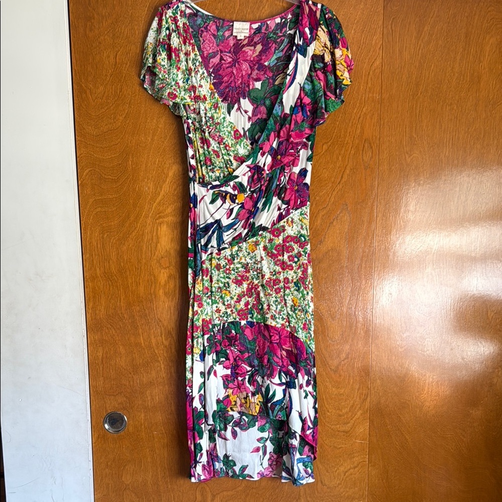 Tracy Reese Pink and Green Puff Sleeve Asymmetrical Sheath Dress